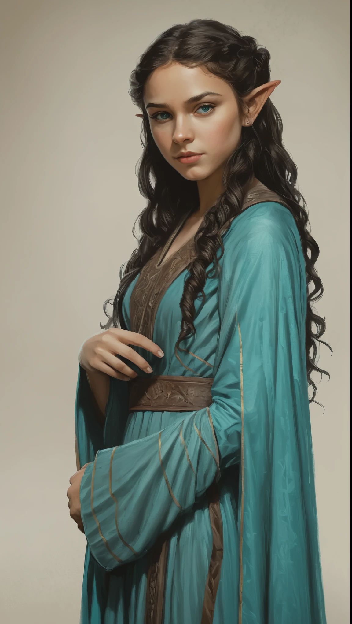 An illustrated movie poster, hand-drawn, full color, a young girl, wearing a chiton, resembles Mathilde Lando, warm brown complexion, azure blue eyes, dark hair, long loose hair, waist-length hair, posing on a pedestal, hard shadows, graphite shading, stencil marks, airbrushed acrylic paint, masterpiece, in the style of Game of Thrones
