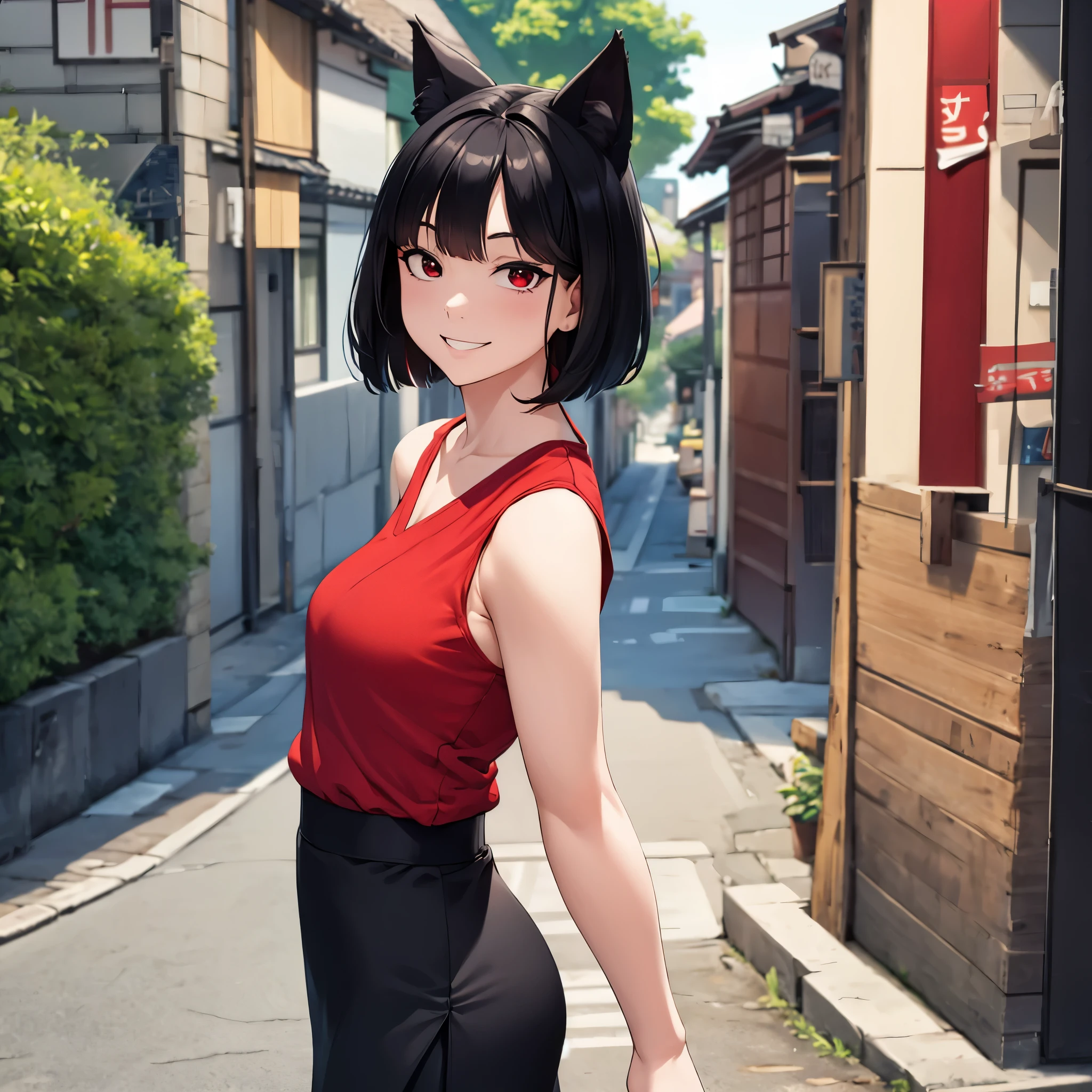 A woman wearing a sleeveless shirt, with kanji letters on the shirt, red shirt, short black skirt, short black hair, cat ears, smiling, photo face, red eyes, walking on a sidewalk in a very personalized Japanese city,HDR, ultra resolution, well defined, masterpiece, 8K HD. (solo woman)
