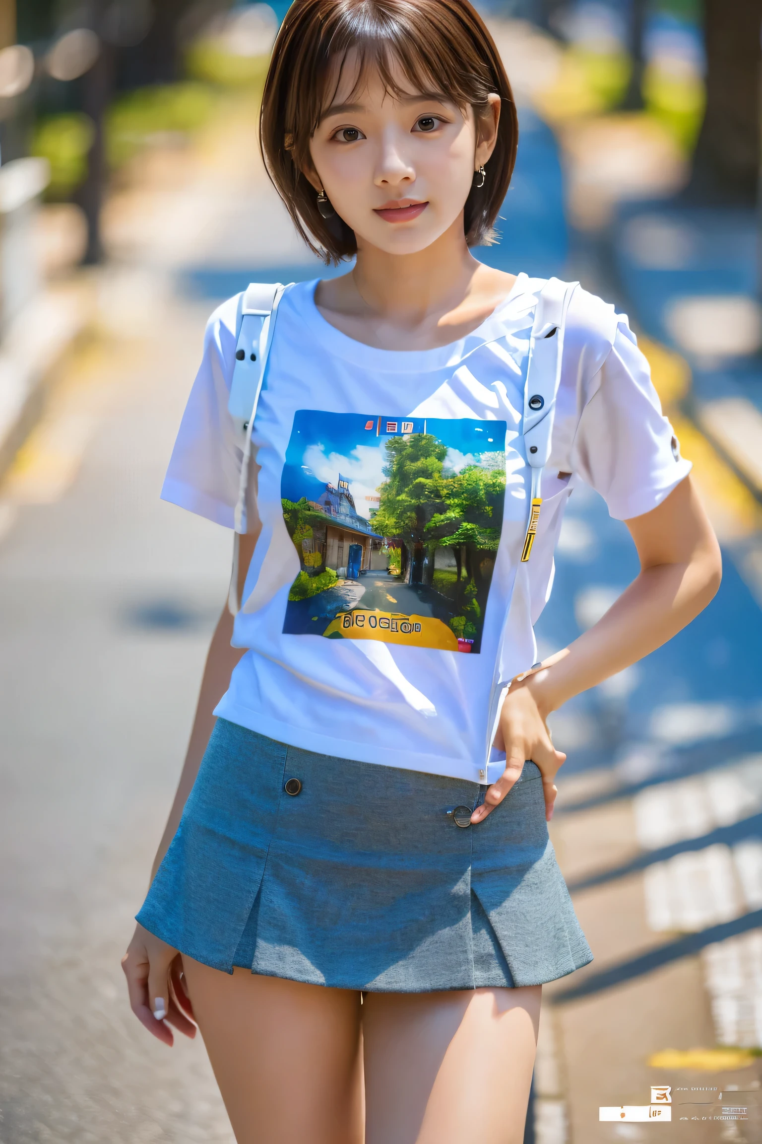 masterpiece, highest quality, Photorealistic, Very detailed, finely, High resolution, 8K Wallpaper, Professional, High level of detail, ((One 18 year old girl:1.2)), Slender Japanese women,cute lips, Detailed clavicle, Mid-chest、Perfect Face, (Cute short hair:1.5), Chestnut Hair、((A T-shirt on bare skin:1.5))、((mini skirt:1.5))、(Kpop idol pose:1.5)