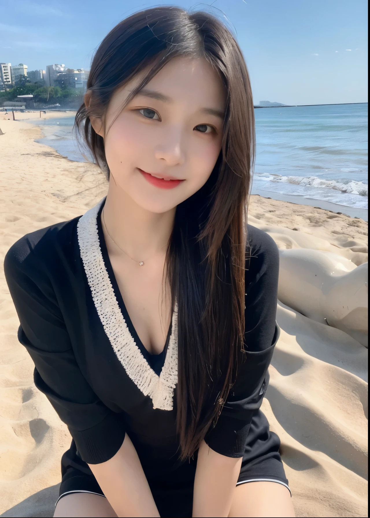 ((best quality, 8K, masterpiece:1.3)), Key Points:1.2, perfect body beautiful:1.4, Hips:1.2, ((Layered Hairstyle, Chest:1.2)), (Wet clothes:1.1) , (beach:1.2), Bikini Dress Highly detailed face and skin textures, beautiful eyes, Double eyelids, 
Japanese、Girl with、1 person、sixteen years old、A black-haired、Hair length、（beach1.2）、、Knee socks、、gentle smile、Dress lightly、Revealing fair skin, 