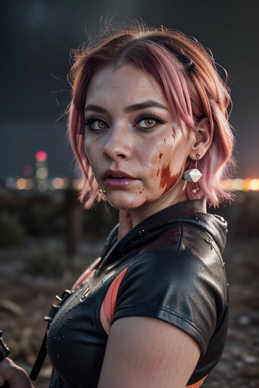 ((Best quality, 8k, Masterpiece: 1.3, realistic)), ((5120x1440)), Sharp focus: 1.2, 30 year old woman, ((Pink hair with orange/blue highlights)), Zombie apocalypse, Pistol holster strapped to leg, Assault rifle M4 on back, Machete in left hand, Desert Eagle Pistol in Right hand, Cargo pants, Hoodie, BodyArmor, backdrop of city burning, Looking at viewer, Dark and stormy day, raining, sunset, depth of field, Detailed leather texture, Smoky atomsphere, (pale skin), Adult, ((Eye makeup, pink mascara)), (((ultra realistic))), masterpiece, Small nose, Sharp focus: 1.2, Multiple Ear Piercings, right side stud nose piercing, ((very detailed eyes, very detailed iris)), Taken with Nikon Z 14mm ultra wide-angle, photography, radiant light rays, high resolution, high detail, sharp focus, soft, aesthetic, very detailed, spooky atmosphere, looking at viewer, smoke in sky, Burning, depth of field, ((she has blood on her with cuts and scratches)), 