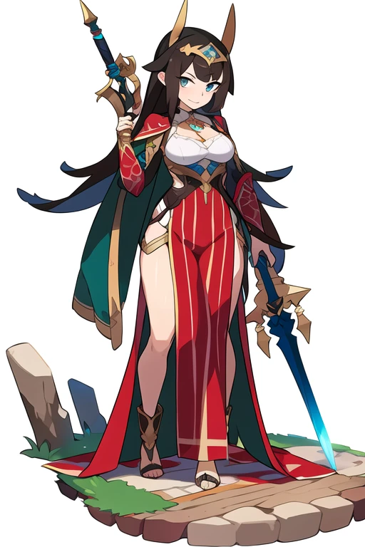 stand posture, cute eyes, adult woman,, solo, high fantasy outfits, ((white background)), full body, holding weapon,