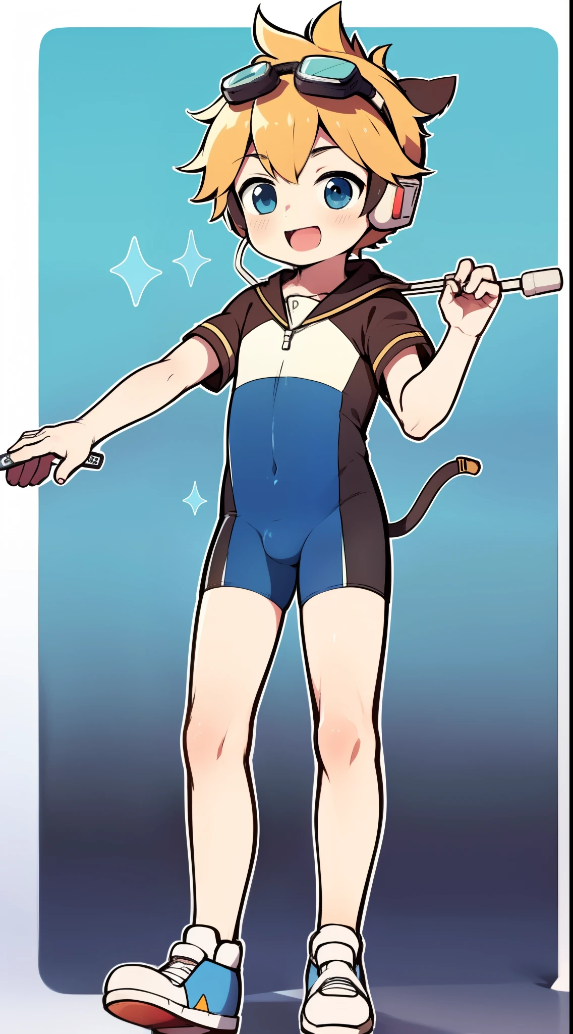 2D Boy Shota，One-piece mountaineering suit，Put the headphones on your head，permanent，goggles，trumpet，cow ears，sports shoes，Sailor collar，Short sleeve，happy，slim body