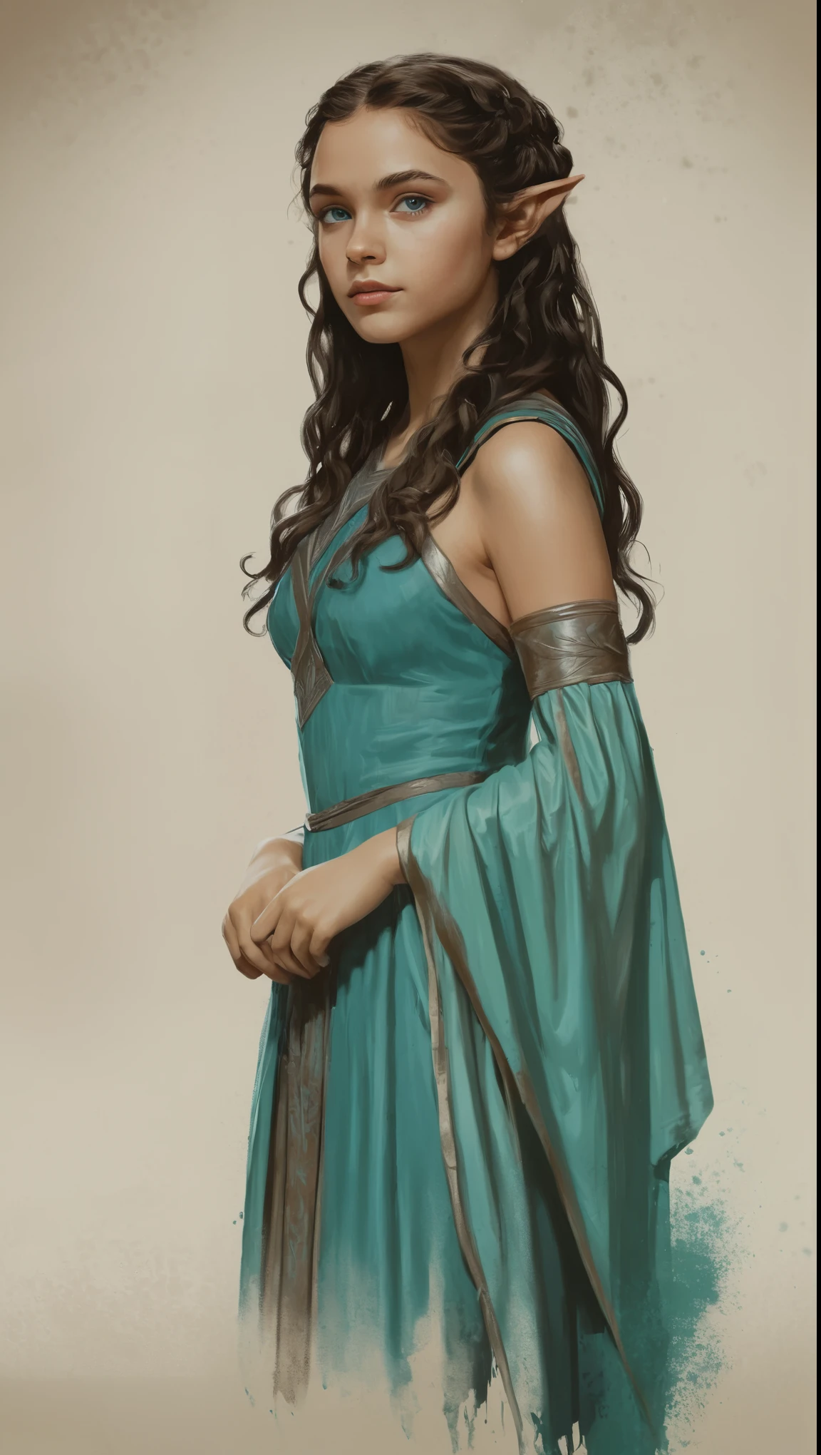An illustrated movie poster, hand-drawn, full color, a young elven girl, wearing a servant's chiton, warm brown complexion, pointy elf ears, turquoise eyes, dark hair, long loose curls, waist-length hair, posing on a pedestal, hard shadows, graphite shading, stencil marks, airbrushed acrylic paint, masterpiece, in the style of Game of Thrones
