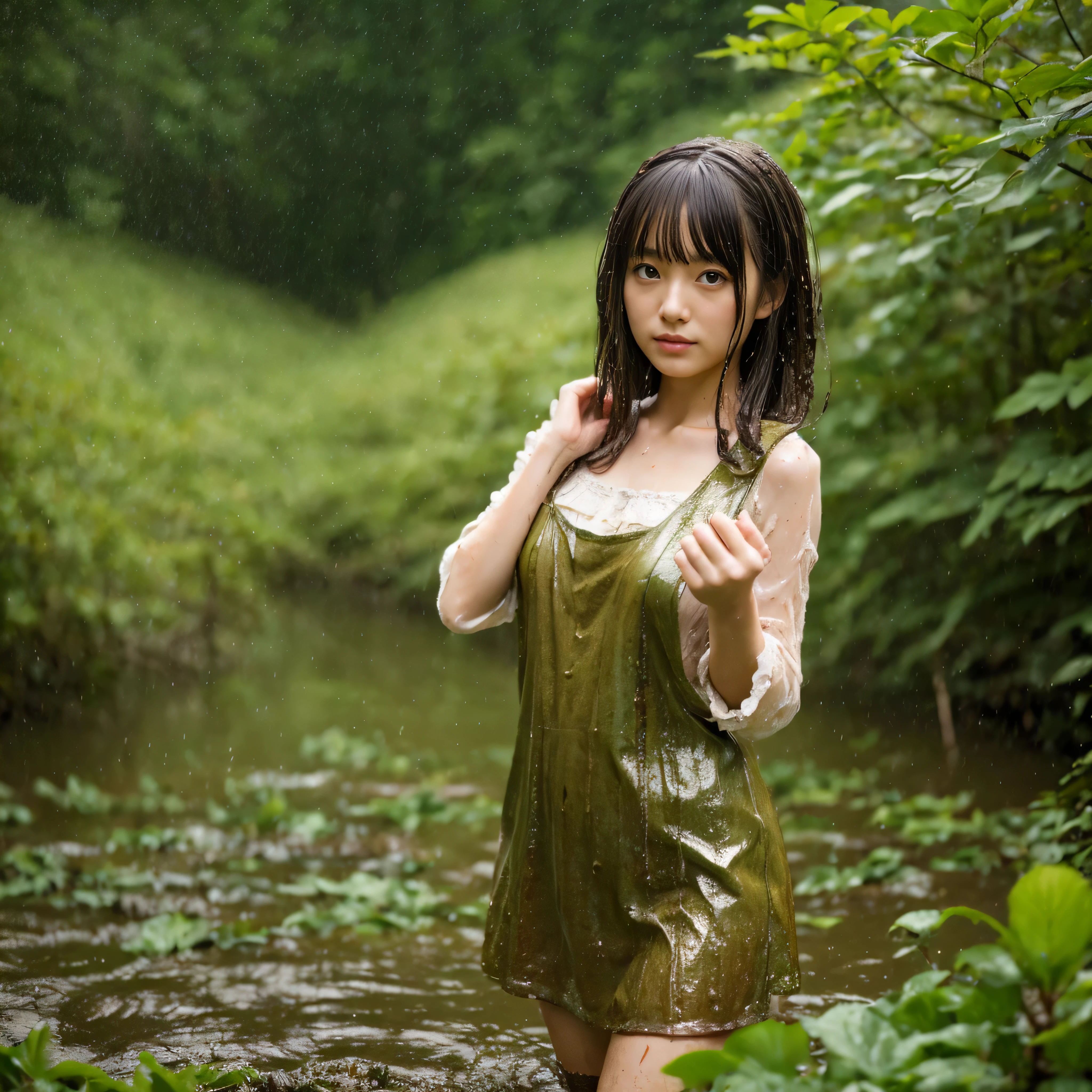 highly detailed, ultra realistic, high definition, 8k, 1 young japanese cute girl, wearing kimano, wet dress, rains, standing in a mud, farming, forest, highly detailed body, highly detailed face, highly detailed background