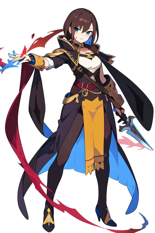 stand posture, cute eyes, adult woman,, solo, high fantasy outfits, ((white background)), full body, holding weapon,