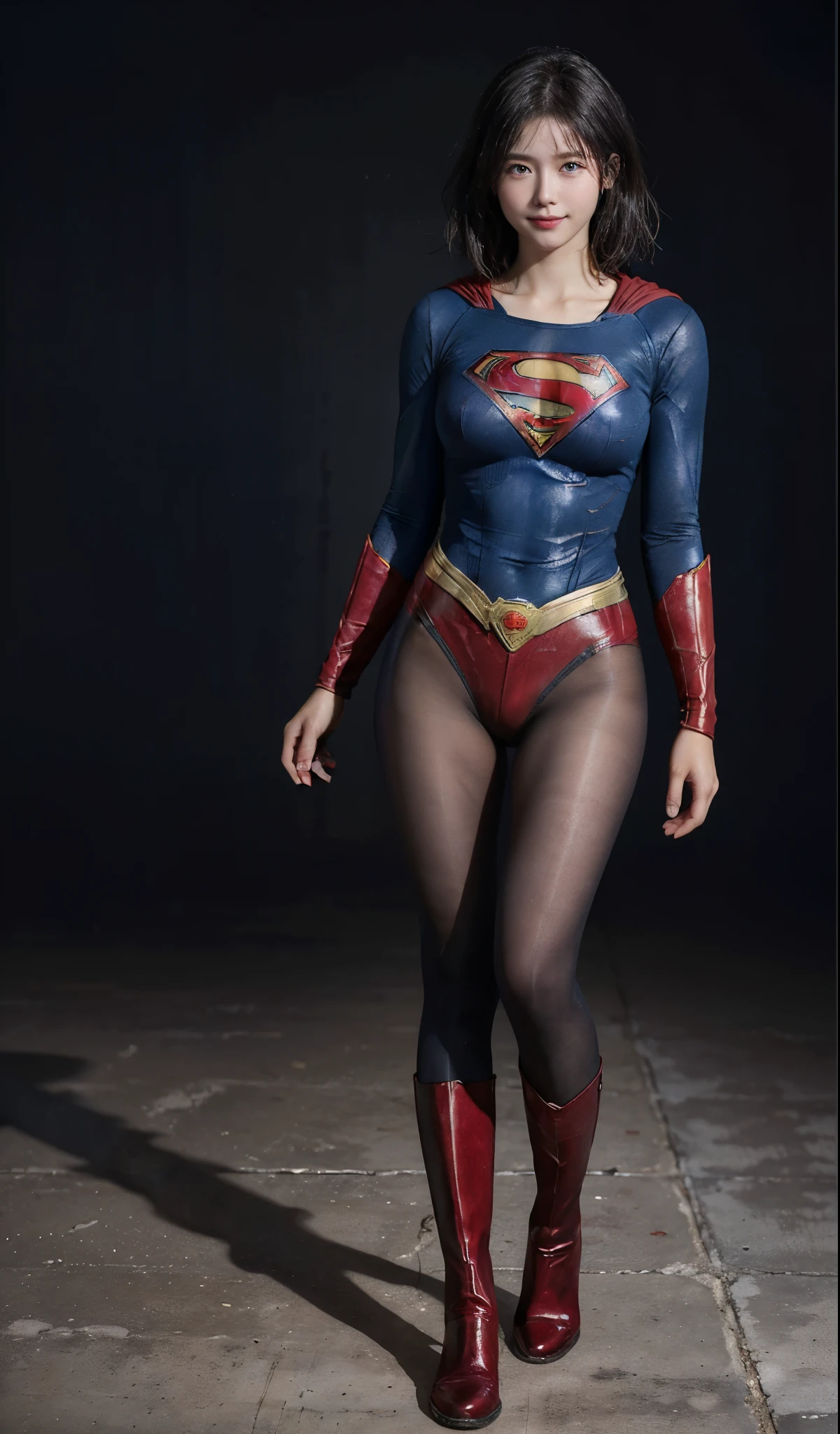 No background、(((Beautiful legs in black tights.)))、(((Legally express the beauty of your smile)))、((((Make the most of your original images)))、(((Supergirl Costume)))、(((beautiful short bob hair)))、(((suffering)))、(((Please wear black tights....、Wear red boots)))、((Best image quality、8K))、((highest quality、8K、masterpiece:1.3))、(((keep background )))、Sharp focus:1.2、Beautiful woman with perfect figure:1.4、Thin abdominal muscles:1.2、Wet body:1.5、Highly detailed face and skin texture、8K