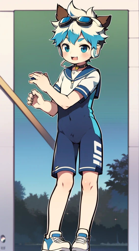 2D Boy Shota,One-piece mountaineering suit,Put the headphones on your head,permanent,goggles,cow ears,sports shoes,Sailor collar,Short sleeve,happy,slim body