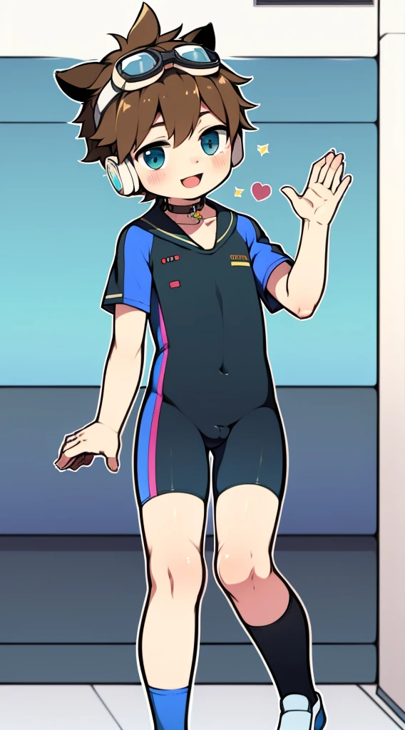 2D Boy Shota,One-piece mountaineering suit,Put the headphones on your head,permanent,goggles,cow ears,sports shoes,Sailor collar,Short sleeve,happy,slim body
