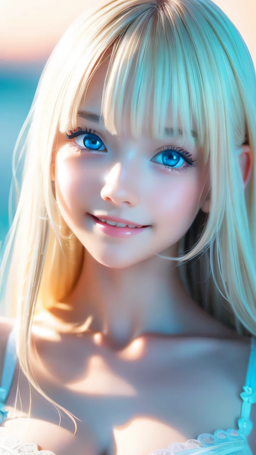 Mastepiece, Best Quality, Illustration, Super detailed, Fine details, High resolution, 8K Denden Wallpaper, Perfect dynamic composition, Beautiful detailed bright sparkling pale sky blue eyes, Women's Fashion Summer,Super long platinum blonde hair、Bangs between the eyes、,Big Breasts、Natural color lip, Bold sexy pose,A shy smile,Cute、20 year old girl、Small Face Girl、Sexy shot looking at the camera、Cheek highlighter