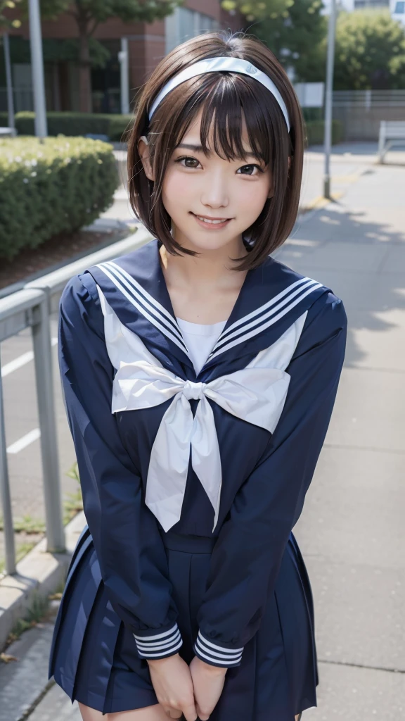 sailor suit, one woman, (a beauty woman, delicate :1.3), black hair, bob cut, 8K, highest quality, masterpiece, Super detailed, ultra high resolution, realistic, RAW photo, absolute resolution, small face compared to body, very small face, black hair, navy blue sailor uniform, Navy blue scar, High school girl in sailor suit, realistic high school girl, ((white headband)),  (white headband), small breasts, tall, slanted eyes, purple eyes, (school scenery), black stockings, bright color, open your mouth, smile,