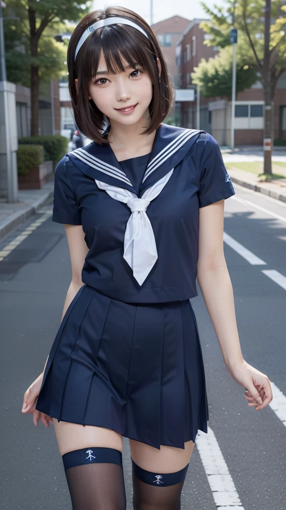 sailor suit, one woman, (a beauty woman, delicate :1.3), black hair, bob cut, 8K, highest quality, masterpiece, Super detailed, ultra high resolution, realistic, RAW photo, absolute resolution, small face compared to body, very small face, black hair, navy blue sailor uniform, Navy blue scar, High school girl in sailor suit, realistic high school girl, ((white headband)),  (white headband), small breasts, tall, slanted eyes, purple eyes, (school scenery), black stockings, bright color, open your mouth, smile,