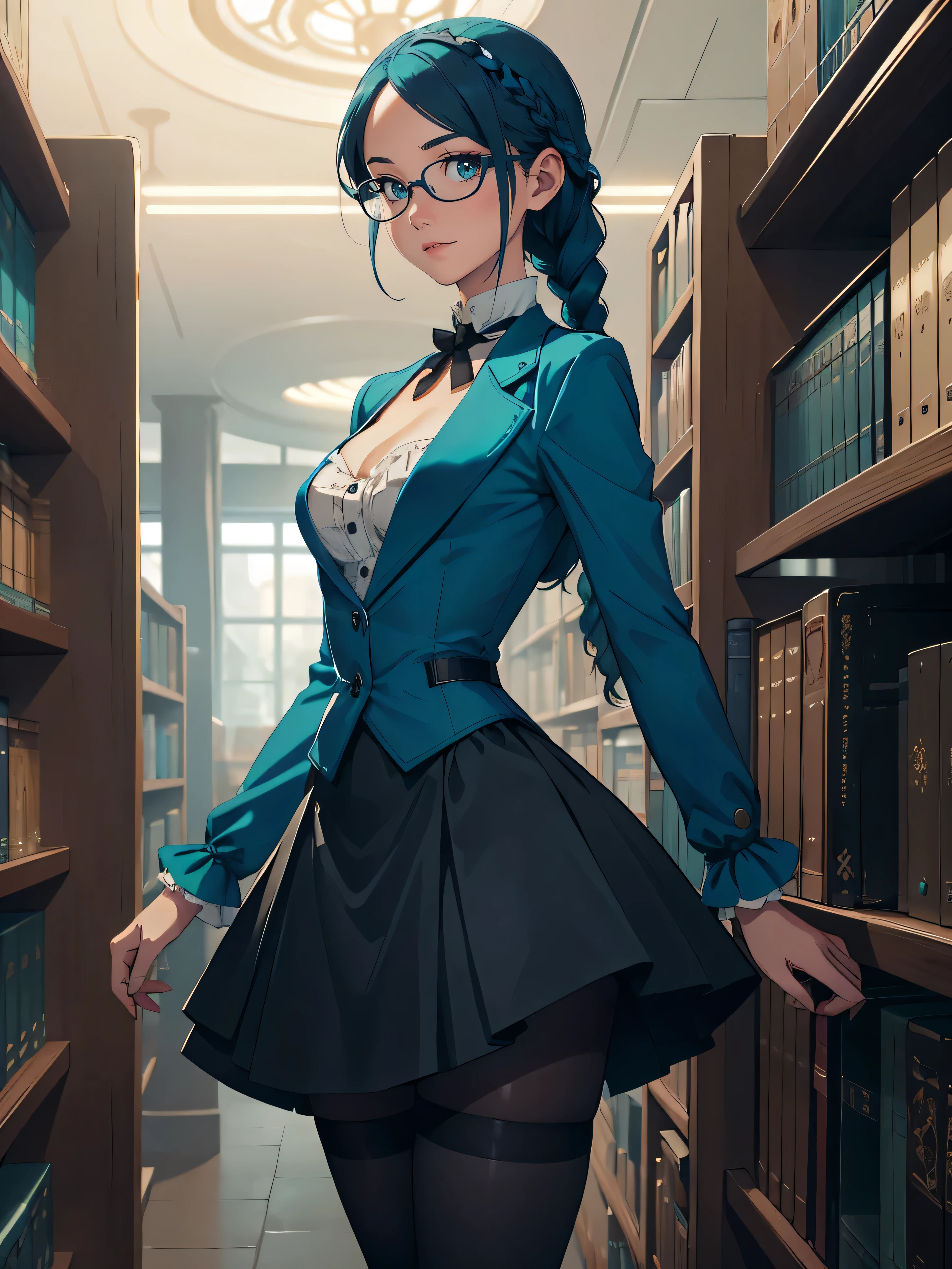 Masterpiece, best quality, 1_woman, (upper body), (Caucasian skin_complexion), mature, (looking at viewer), head turned, smiling, teal hair, long double hair braids, bright teal hair, diamond shaped eyes, glasses, large_bust, chest window, cleavage, dark blue (Victorian blazer), white halter top blouse, double button breast, long dark blue (****ta skirt), silver trim, black tights, black heels, small waist, perfect hands, standing in library, library,