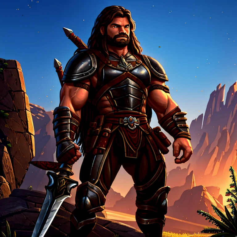 Create a high-quality, advanced level of detail and cinematic style image using artificial intelligence. The image should depict an adult man, approximately 30 years old, with long hair and a muscular build. He is wearing leather armor, with a quiver of arrows strapped to his back and a bow in his hand. In his left hand, he wields a longsword, while his right hand holds the severed head of a gigantic serpent with ten heads.