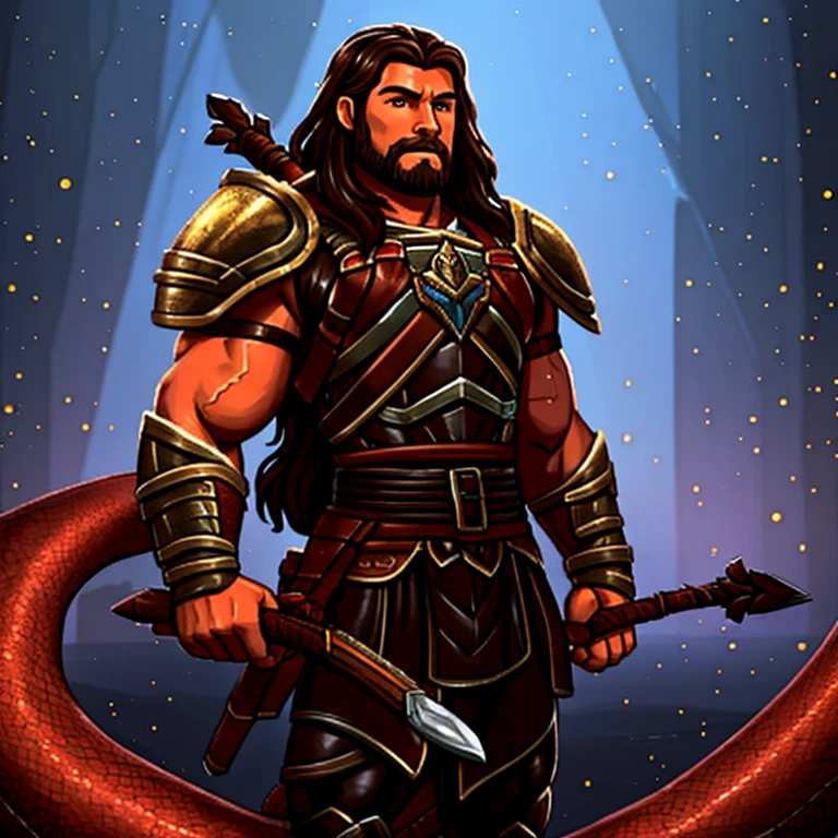 Create a high-quality, advanced level of detail and cinematic style image using artificial intelligence. The image should depict an adult man, approximately 30 years old, with long hair and a muscular build. He is wearing leather armor, with a quiver of arrows strapped to his back and a bow in his hand. In his left hand, he wields a longsword, while his right hand holds the severed head of a gigantic serpent with ten heads.