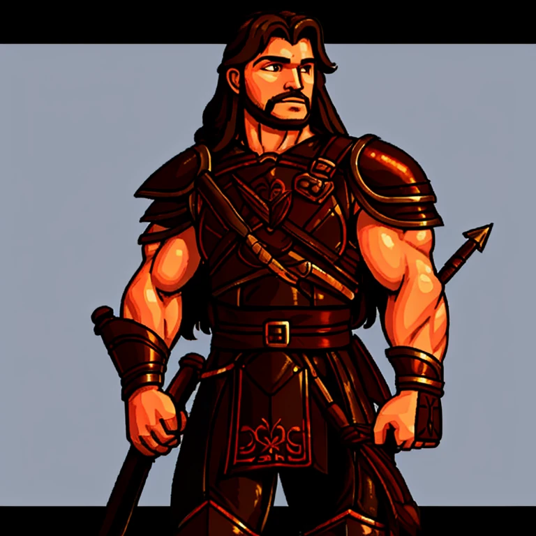 Create a high-quality, advanced level of detail and cinematic style image using artificial intelligence. The image should depict an adult man, approximately 30 years old, with long hair and a muscular build. He is wearing leather armor, with a quiver of arrows strapped to his back and a bow in his hand. In his left hand, he wields a longsword, while his right hand holds the severed head of a gigantic serpent with ten heads.