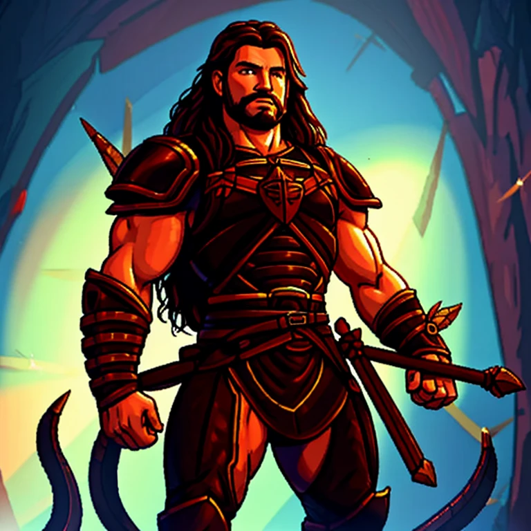 Create a high-quality, advanced level of detail and cinematic style image using artificial intelligence. The image should depict an adult man, approximately 30 years old, with long hair and a muscular build. He is wearing leather armor, with a quiver of arrows strapped to his back and a bow in his hand. In his left hand, he wields a longsword, while his right hand holds the severed head of a gigantic serpent with ten heads.