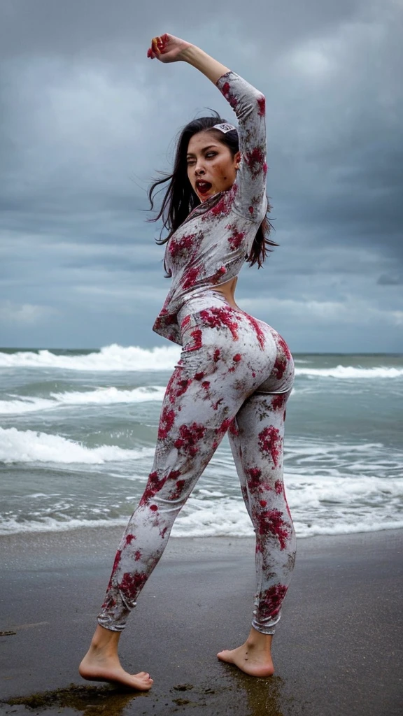 zombie woman, hiper realista, head to toe image, corpo necrosando, roupas sujas e mostrando a bunda grande