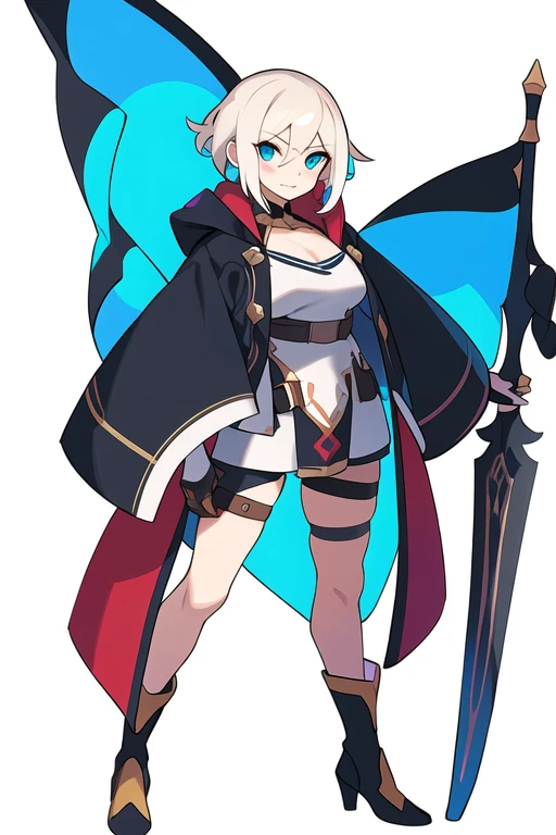 stand posture, cute eyes, adult woman,, solo, high fantasy outfits, ((white background)), full body, holding weapon,
