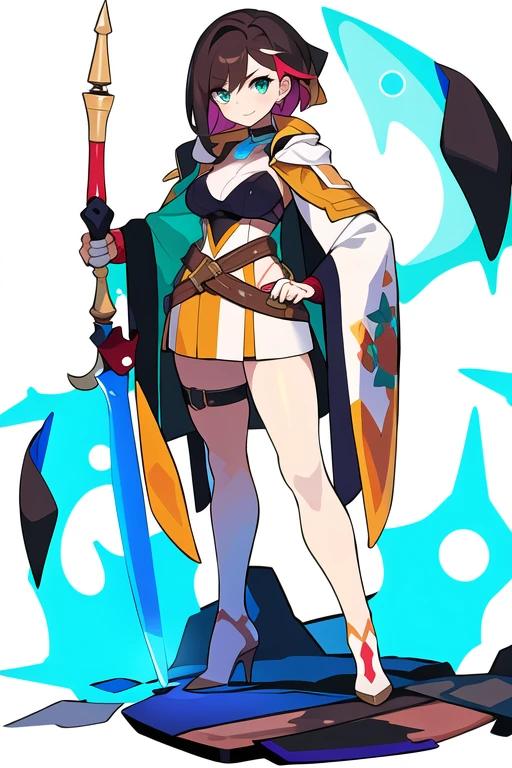 stand posture, cute eyes, adult woman,, solo, high fantasy outfits, ((white background)), full body, holding weapon,