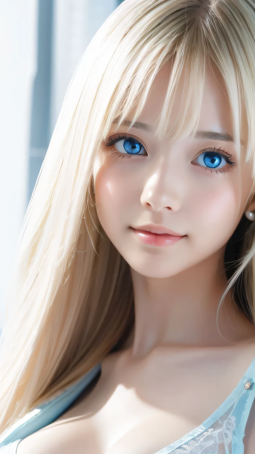 Mastepiece, Best Quality, Illustration, Super detailed, Fine details, High resolution, 8K Denden Wallpaper, Perfect dynamic composition, Beautiful detailed bright sparkling pale sky blue eyes, Women's Fashion Summer,Super long platinum blonde hair、Bangs between the eyes、,Big Breasts、Natural color lip, Bold sexy pose,A shy smile,Cute、20 year old girl、Small Face Girl、Sexy shot looking at the camera、Cheek highlighter