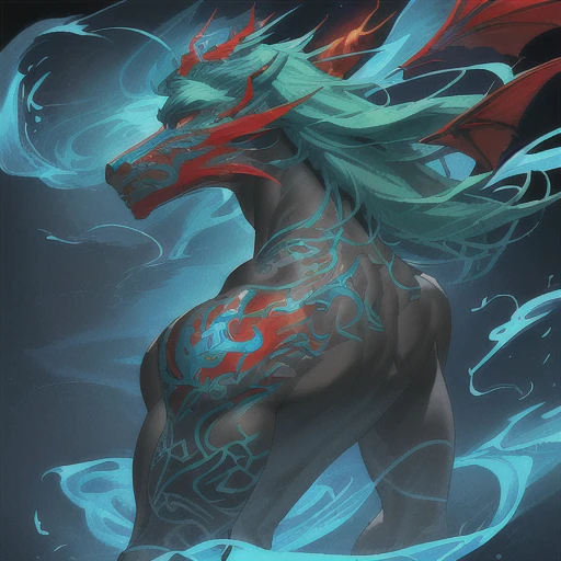 It depicts a muscular girl with pitch-black tanned skin. She exudes an alluring and seductive atmosphere. She is smoking a cigarette, which enhances her bewitching beauty. If she is carrying a weapon, it does not protrude from the screen. Sometimes she has wings on her back, sometimes she does not (depending on her race), and her figure can be seen from above, below, right and left. Viewpoints include full body, upper body, and portrait. The backgrounds are gold, green, blue (main), light blue, yellow, silver, and deep red (sub), which fits her world view. The style is highly detailed like official artwork, and the fan art is extremely detailed, including key art by Kusai Krentz, a popular artist on ArtStation and Pixiv, feminine, Fate, real anime 2.5D, and real anime girl. The image quality is Golden Ratio 1.2, Drawing Board 1.3, and includes absurd, top quality, realistic, hyper-realistic, and ultra-fine illustrations. 64K ultra-high resolution, large file size, beautiful masterpieces. Facial details are extremely fine and lighting is flawless. Resolutions are ultra high resolution 8K:1.2 and high resolution (HD, 4K, 8K, 16K, etc.). Color bit depth is 24 and 48 bits.
On his right arm is a tattoo of a dragon surrounded by blue and red flames, with light reflecting off his scales. On the left arm is a tattoo of a powerful green horse, its mane flapping in the wind. The dragon tattoo is tribal in style, painted in bright blue and red. The horse tattoo is in a realistic style and is represented in warm colors.