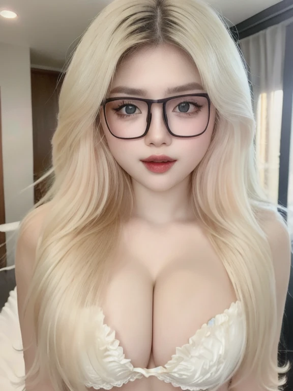 (realistic、masterpiece、Best Quality、8K、highres、high resolution:1.3)、1 glasses girl、 Huge breasts、white bikini、pale white skin、looking at viewers、super fine face and eyes、long blonde hair、indoor、 upper body、