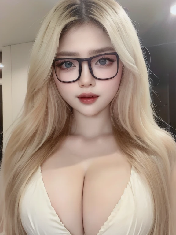 (realistic、masterpiece、Best Quality、8K、highres、high resolution:1.3)、1 glasses girl、 Huge breasts、white bikini、pale white skin、looking at viewers、super fine face and eyes、long blonde hair、indoor、 upper body、