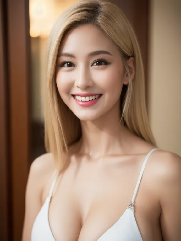 (realistic、masterpiece、Best Quality、8K、highres、high resolution:1.3)、1 glasses girl、 smile, Huge breasts、white bikini、pale white skin、looking at viewers、super fine face and eyes、long blonde hair、indoor、 upper body、