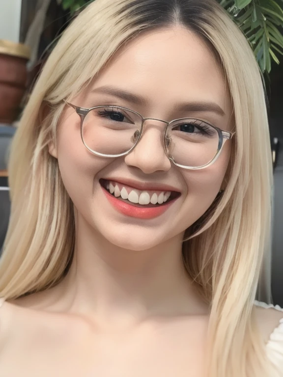 (realistic、masterpiece、Best Quality、8K、highres、high resolution:1.3)、1 glasses girl、 smile, Huge breasts、white bikini、pale white skin、looking at viewers、super fine face and eyes、long blonde hair、indoor、 upper body、