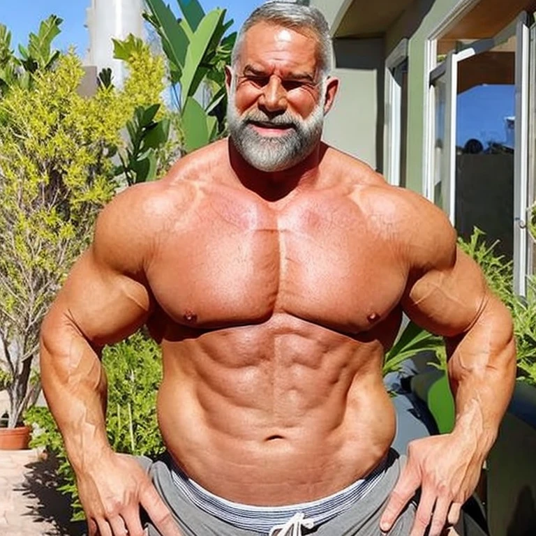 (masterpiece, best quality:1.2), 1man, mature sexy man, muscular body, hairy body, muscleman, bearded handsome man, macho, grey hair, grey beard, facial hair, tan skin, bodybuilder, handsome smile, bulging crotch,