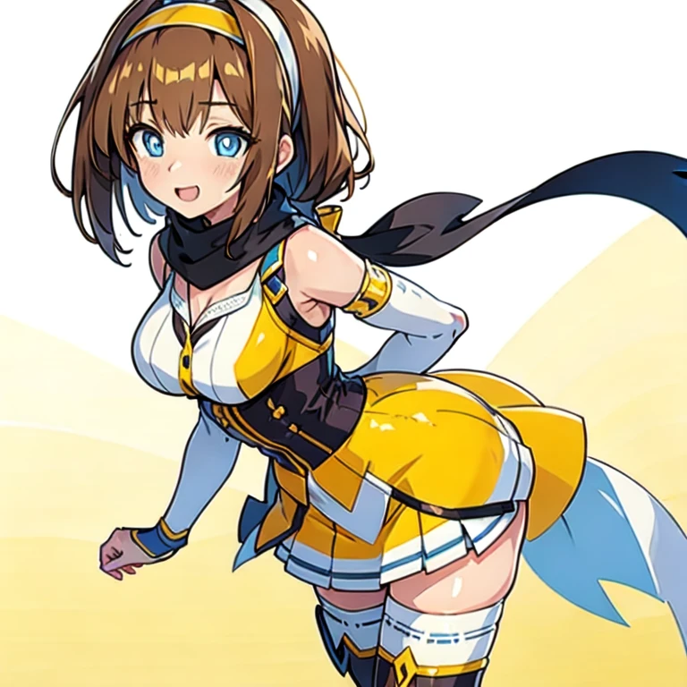 (masterpiece, best quality:1.2), 1girl, solo, takamori_haruka,blue eyes,brown hair,hairband,,reverse grip,black scarf,mesh,white skirt,yellow dress,white thighhighs,