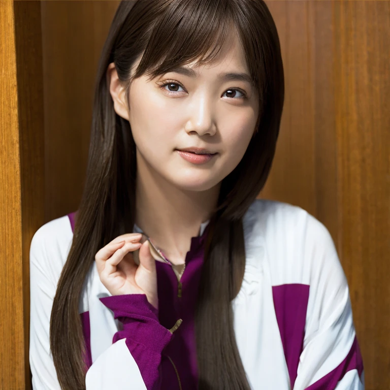 Araffe asian woman with long hair and a purple and white shirt - SeaArt AI
