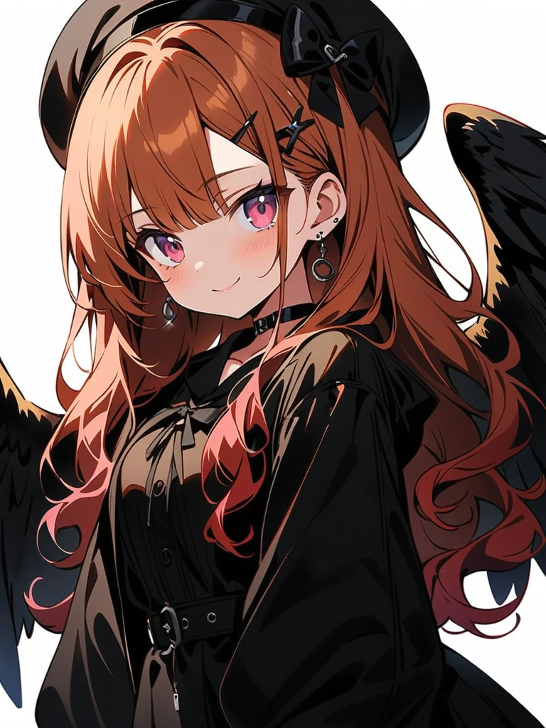 (masterpiece, best quality:1.2), 1girl, solo，Anime girl with long hair, gothic , dress and long sleeves, smiling expression, white background, cute anime style, pink eyes, black winged wings on her back, dark circles under her eyes, long curly hair with bangs, bow in one ear, black choker around her neck, hair clip on the side. 