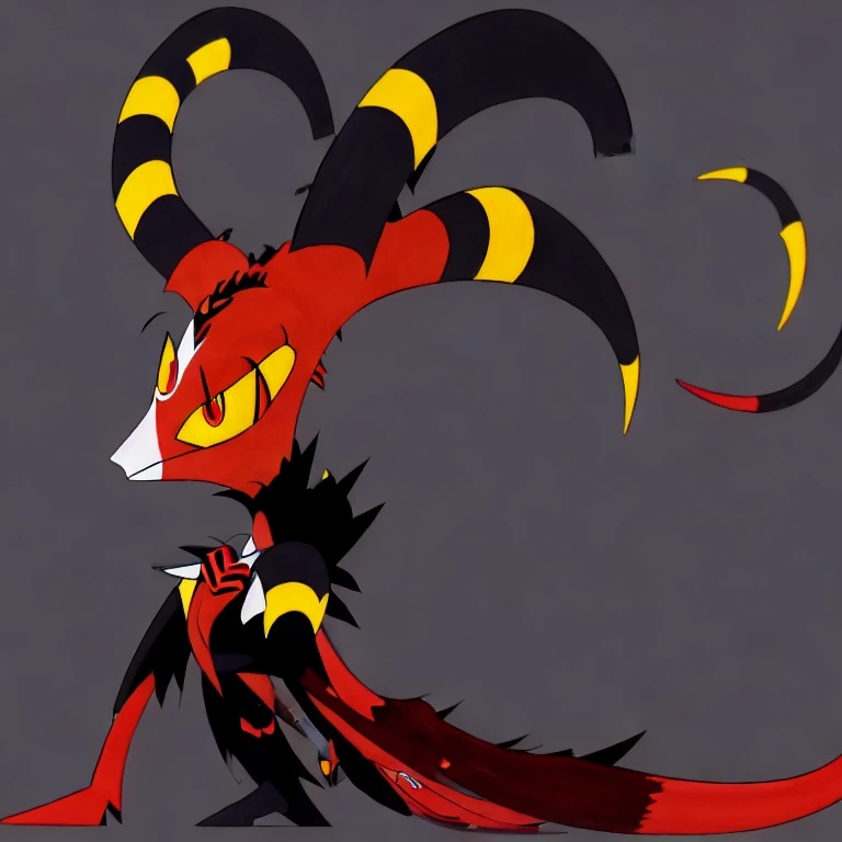 Blitzo, red skin, long black and white horns, long red tail, yellow eyes. 