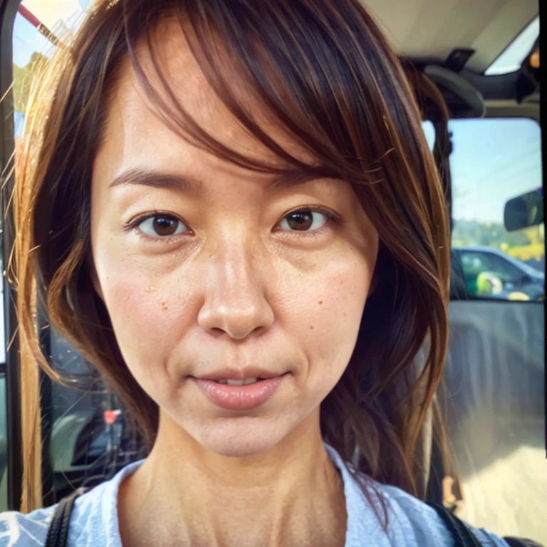 ((Realistic skin texture)), (Fine wrinkles throughout the skin: 1.3), (Dull skin: 1.1), (Skin without moisture: 1.2) , (Wrinkles on the face: 0.9), (Wrinkles on the corners of the eyes: 1.2), Double eyelids, tear bags on the lower eyelids, (Crying moles: 0.9), The eyes are looking here, serious gaze, (Dimples: 1.2), 1girl, solo