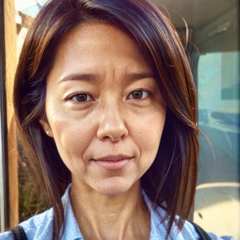 ((Realistic skin texture)), (Fine wrinkles throughout the skin: 1.3), (Dull skin: 1.1), (Skin without moisture: 1.2) , (Wrinkles on the face: 0.9), (Wrinkles on the corners of the eyes: 1.2), Double eyelids, tear bags on the lower eyelids, (Crying moles: 0.9), The eyes are looking here, serious gaze, (Dimples: 1.2), 1girl, solo
