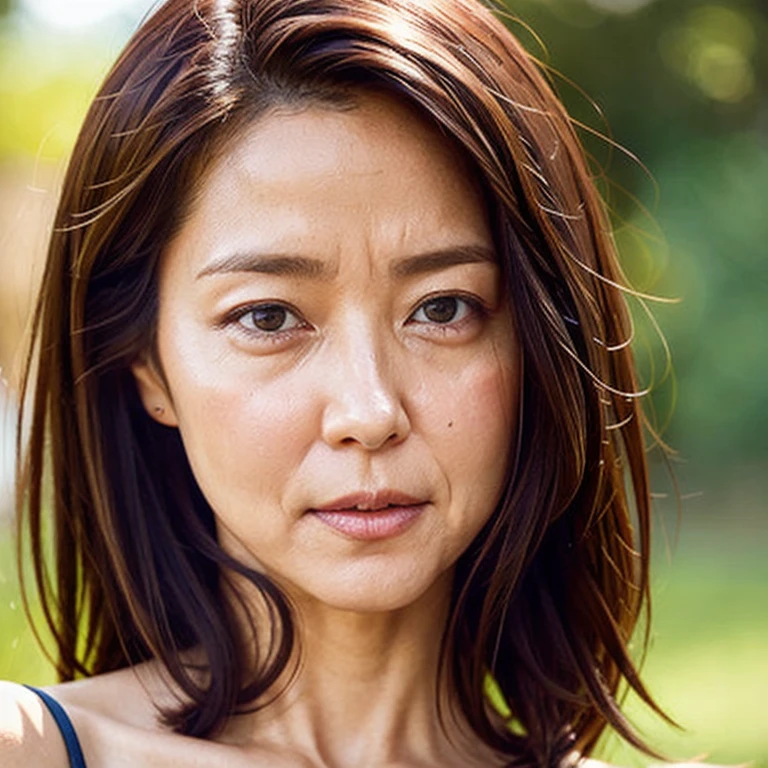 ((Realistic skin texture)), (Fine wrinkles throughout the skin: 1.3), (Dull skin: 1.1), (Skin without moisture: 1.2) , (Wrinkles on the face: 0.9), (Wrinkles on the corners of the eyes: 1.2), Double eyelids, tear bags on the lower eyelids, (Crying moles: 0.9), The eyes are looking here, serious gaze, (Dimples: 1.2), 1girl, solo