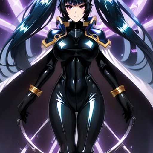 masterpiece, best quality, natural color, 1girl, <lora:epsilonTheEminenceIn_epsilonV1:0.7>,
bangs, blue hair, (shiny black bodysuit:1.5), gold trim, breasts, purple cape, purple eyes, purple gemstones, smile, solo, very long hair, twintails, skintight, toned,
night, outdoors, ((((((dark)))))), clouds, fantasy, town, dimly lit, <lora:epiNoiseoffset_v2:1>,