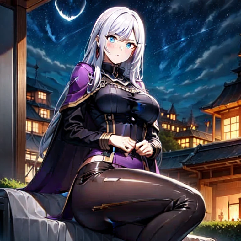 masterpiece, best quality, natural color, 1girl, <lora:epsilonTheEminenceIn_epsilonV1:0.7>,
bangs, blue hair, (shiny black bodysuit:1.5), gold trim, breasts, purple cape, purple eyes, purple gemstones, smile, solo, very long hair, twintails, skintight, toned,
night, outdoors, ((((((dark)))))), clouds, fantasy, town, dimly lit, <lora:epiNoiseoffset_v2:1>,