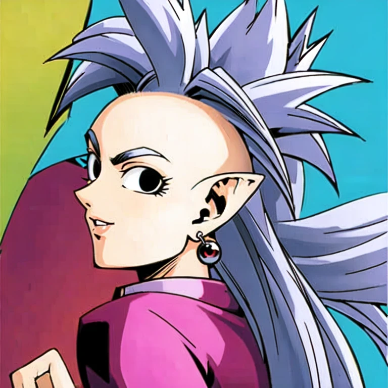 (masterpiece, best quality:1.2), 1girl, solo, silver mohawk long hair, black eyes, potara earrings, spiked hair, pointing ears, looking at viewer