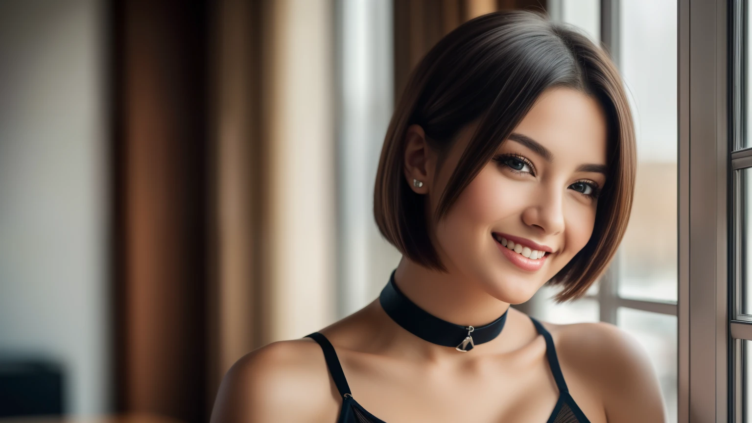 Isabela Merced and friend, bob_cut hair, smiling seductively, choker, Sexy smile, (kissing:1.2), masterpiece,best qualtiy,hdr, hyper HD, 8K,Bokeh,Ultra-fine painting,Sharp focus,Physically-based rendering,Extreme detail description,portraitures,full-body photo, , (skin texture:1.1), (high detail face:1.1),high detail body, high detail clothes, perfect eyes, perfect hands, perfect body, perfect hair, (Big breasts:1.3), (EOS R8, 50 millimeters, F1.2, 8K, RAW photo:1.2), photograph by arny freytag