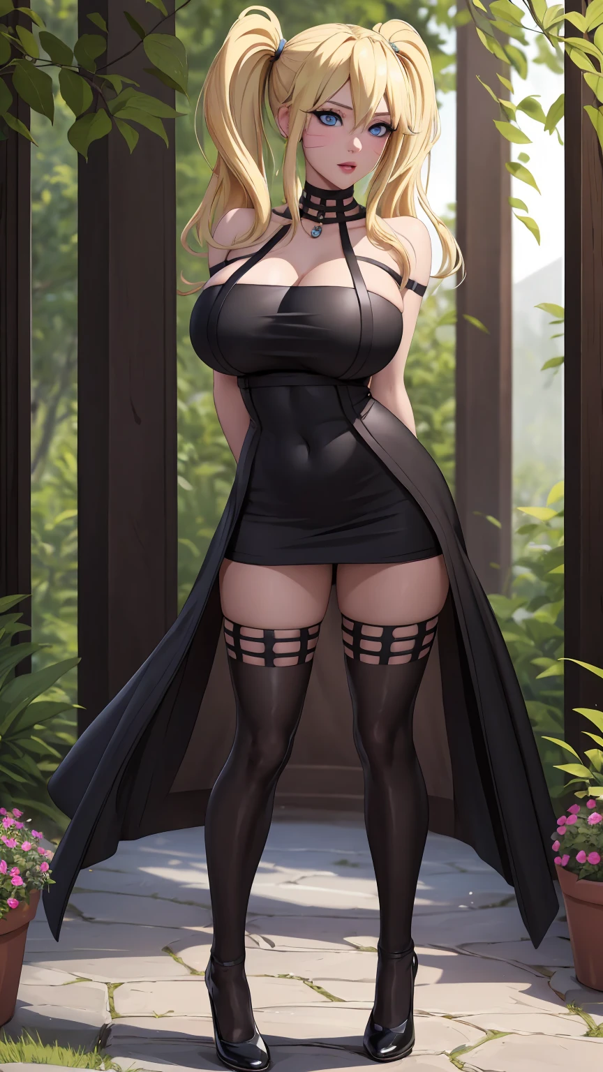 masterpiece, best quality, extremely detail 8k cg, high resolution, 1girl, narukouzumaki, twintails, wisker marks, blonde hair, blue eyes, perfect eyes, slim body, huge breasts, fakebreasts, standing, black dress, black thighhighs, black gloves, seductive face, outdoors, garden, night time, beautiful face, wide shot photo, full body