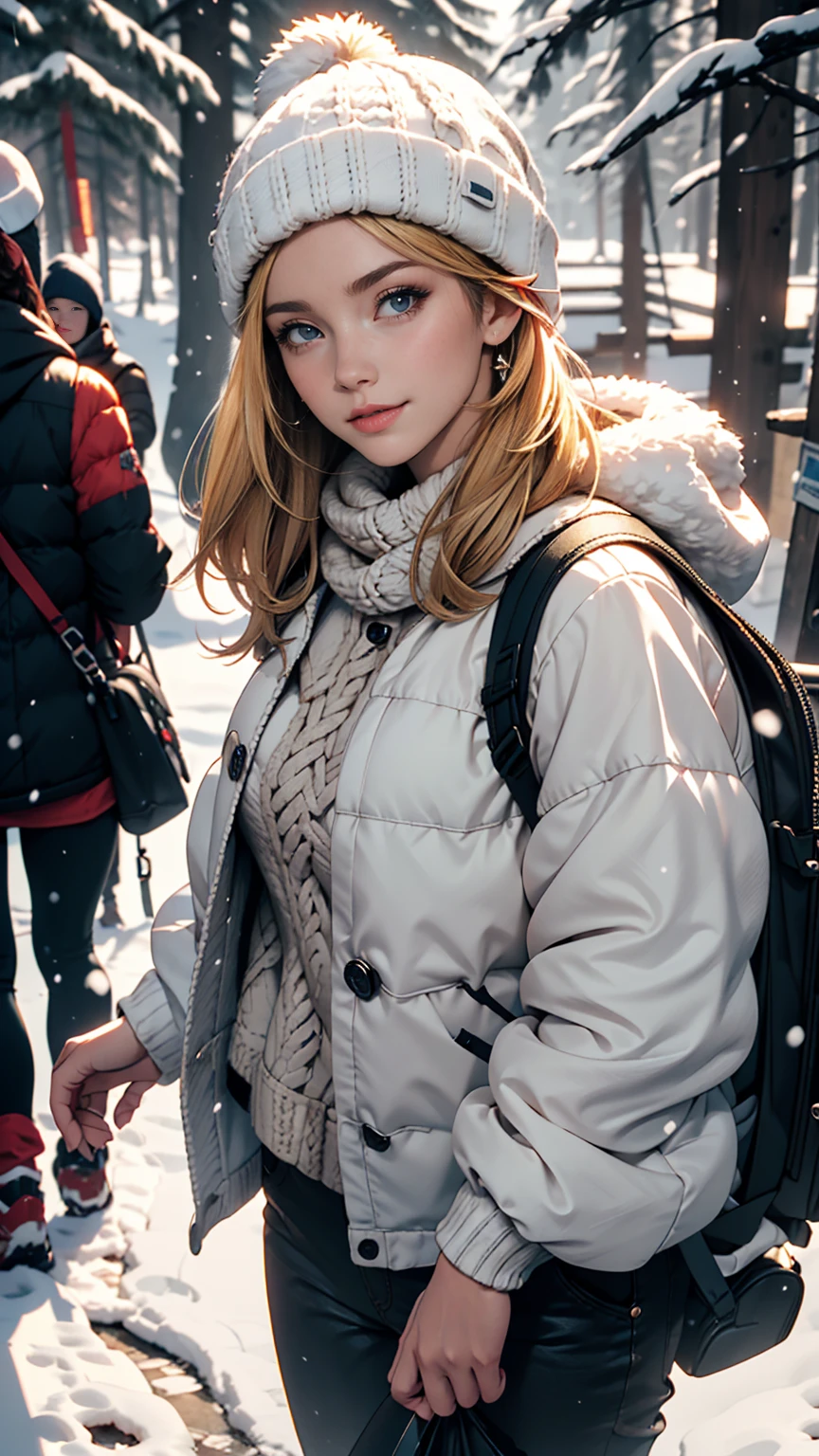 ((最high quality, 8K, masterpiece: 1.3, Ultra HD, high quality, 最high quality, High resolution, realism)) 、A 22-year-old extremely beautiful white woman、Hair color blonde、blue eyeedium Hair、Straight Hair、smile、Slender but well-proportioned body、Background blur((depth of field))、aerial perspective((atmospheric perspective))、I want my head to stay off screen、In snowy mountain forests、Wear suitable winter clothing for hiking、Carry a big backpack、Walking through the snow、Wear a knitted hat