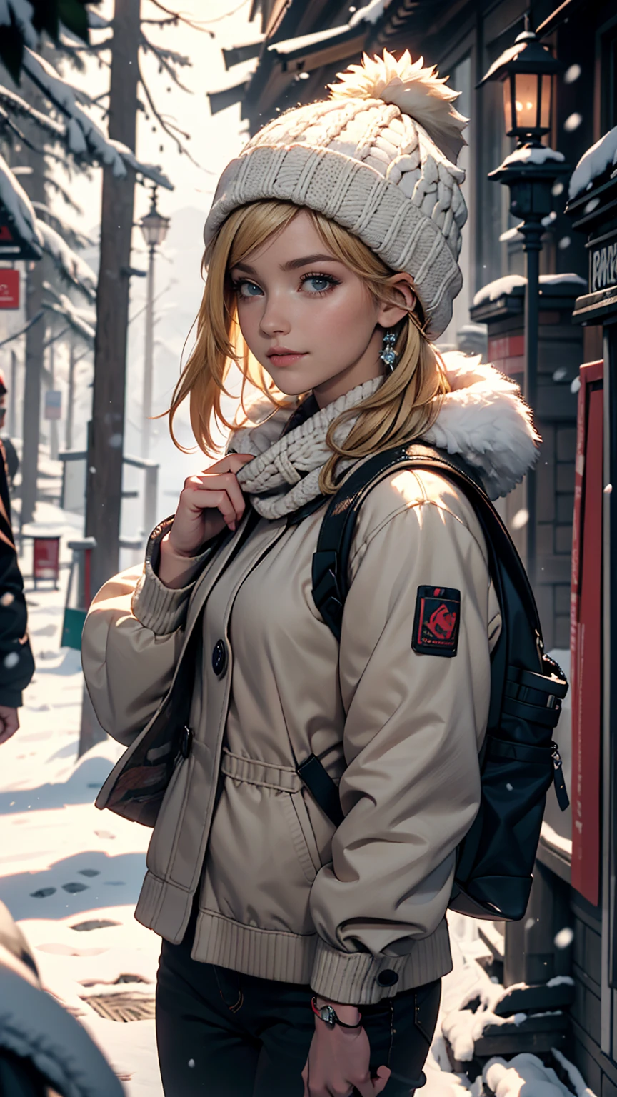 ((最high quality, 8K, masterpiece: 1.3, Ultra HD, high quality, 最high quality, High resolution, realism)) 、A 22-year-old extremely beautiful white woman、Hair color blonde、blue eyeedium Hair、Straight Hair、smile、Slender but well-proportioned body、Background blur((depth of field))、aerial perspective((atmospheric perspective))、I want my head to stay off screen、In snowy mountain forests、Wear suitable winter clothing for hiking、Carry a big backpack、Walking through the snow、Wear a knitted hat