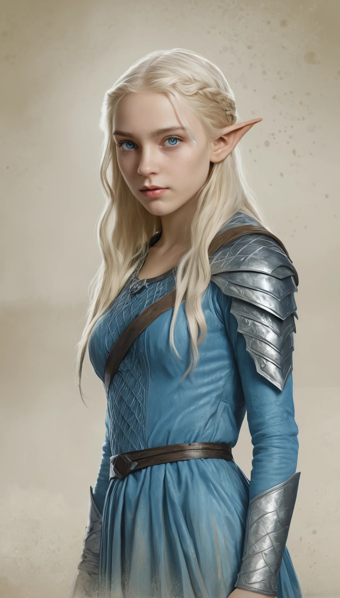 An illustrated movie poster, hand-drawn, full color, a young elven girl, wearing a servant's chiton, flushed complexion, pointy elf ears, azure eyes, platinum blonde hair, long loose waves, waist-length hair, posing on a pedestal, hard shadows, graphite shading, stencil marks, airbrushed acrylic paint, masterpiece, in the style of Game of Thrones