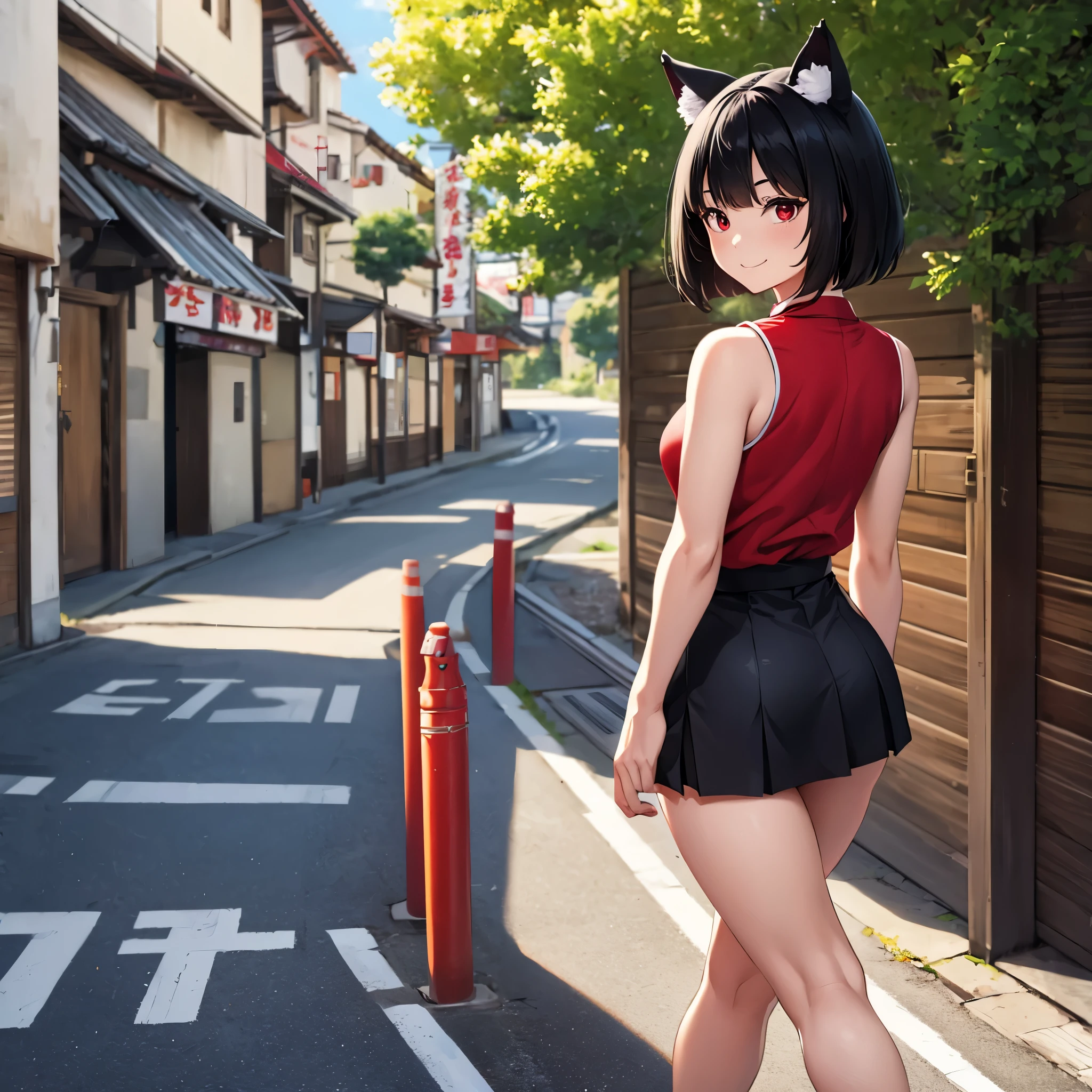 A woman wearing a sleeveless shirt, with kanji letters on the shirt, red shirt, short black skirt, short black hair, cat ears, smiling, kawaii face, red eyes, walking on a sidewalk in a very personalized Japanese city,HDR, ultra resolution, well defined, masterpiece, 8K HD. (solo woman)