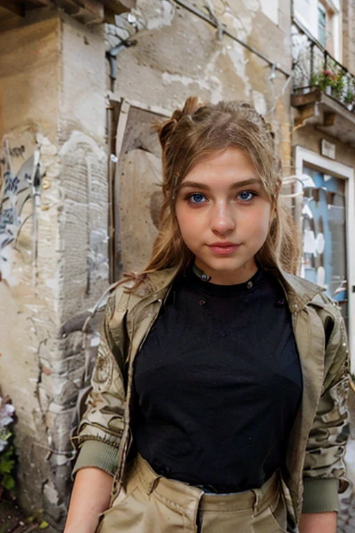 A blonde teen girl dressed in scant, light, feminine military clothing with a black shirt and cammo pants and jacket has a pony tail and she is taking a selfie in a pretty German town of the countryside.