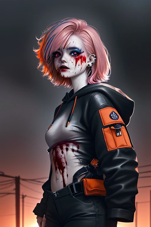 ((Best quality, 8k, Masterpiece: 1.3, realistic)), ((5120x1440)), Sharp focus: 1.2, 30 year old woman, ((Pink hair with orange/blue highlights)), Zombie apocalypse, Pistol holster strapped to leg, Assault rifle M4 on back, Machete in left hand, Desert Eagle Pistol in Right hand, Cargo pants, Hoodie, backdrop of city burning, Looking at viewer, Dark and stormy day, raining, sunset, depth of field, Detailed leather texture, Smoky atomsphere, (pale skin), Adult, ((Eye makeup, pink mascara)), (((ultra realistic))), masterpiece, Small nose, Sharp focus: 1.2, Multiple Ear Piercings, right side stud nose piercing, ((very detailed eyes, very detailed iris)), Taken with Nikon Z 14mm ultra wide-angle, photography, radiant light rays, high resolution, high detail, sharp focus, soft, aesthetic, very detailed, spooky atmosphere, looking at viewer, smoke in sky, Burning, depth of field, ((she has blood on her with cuts and scratches)), 