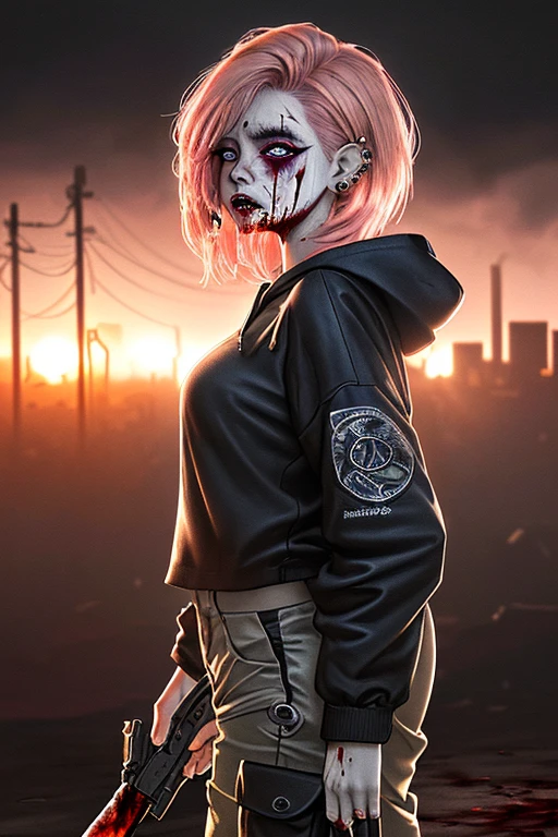 ((Best quality, 8k, Masterpiece: 1.3, realistic)), ((5120x1440)), Sharp focus: 1.2, 30 year old woman, ((Pink hair with orange/blue highlights)), Zombie apocalypse, Pistol holster strapped to leg, Assault rifle M4 on back, Machete in left hand, Desert Eagle Pistol in Right hand, Cargo pants, Hoodie, backdrop of city burning, Looking at viewer, Dark and stormy day, raining, sunset, depth of field, Detailed leather texture, Smoky atomsphere, (pale skin), Adult, ((Eye makeup, pink mascara)), (((ultra realistic))), masterpiece, Small nose, Sharp focus: 1.2, Multiple Ear Piercings, right side stud nose piercing, ((very detailed eyes, very detailed iris)), Taken with Nikon Z 14mm ultra wide-angle, photography, radiant light rays, high resolution, high detail, sharp focus, soft, aesthetic, very detailed, spooky atmosphere, looking at viewer, smoke in sky, Burning, depth of field, ((she has blood on her with cuts and scratches)),